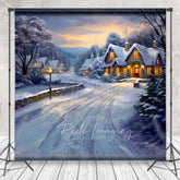 Aperturee - Aperturee Painted Christmas Village Photography Backdrop Snowy Cottages at Sunset Winter Wonderland Holiday Photo Prop